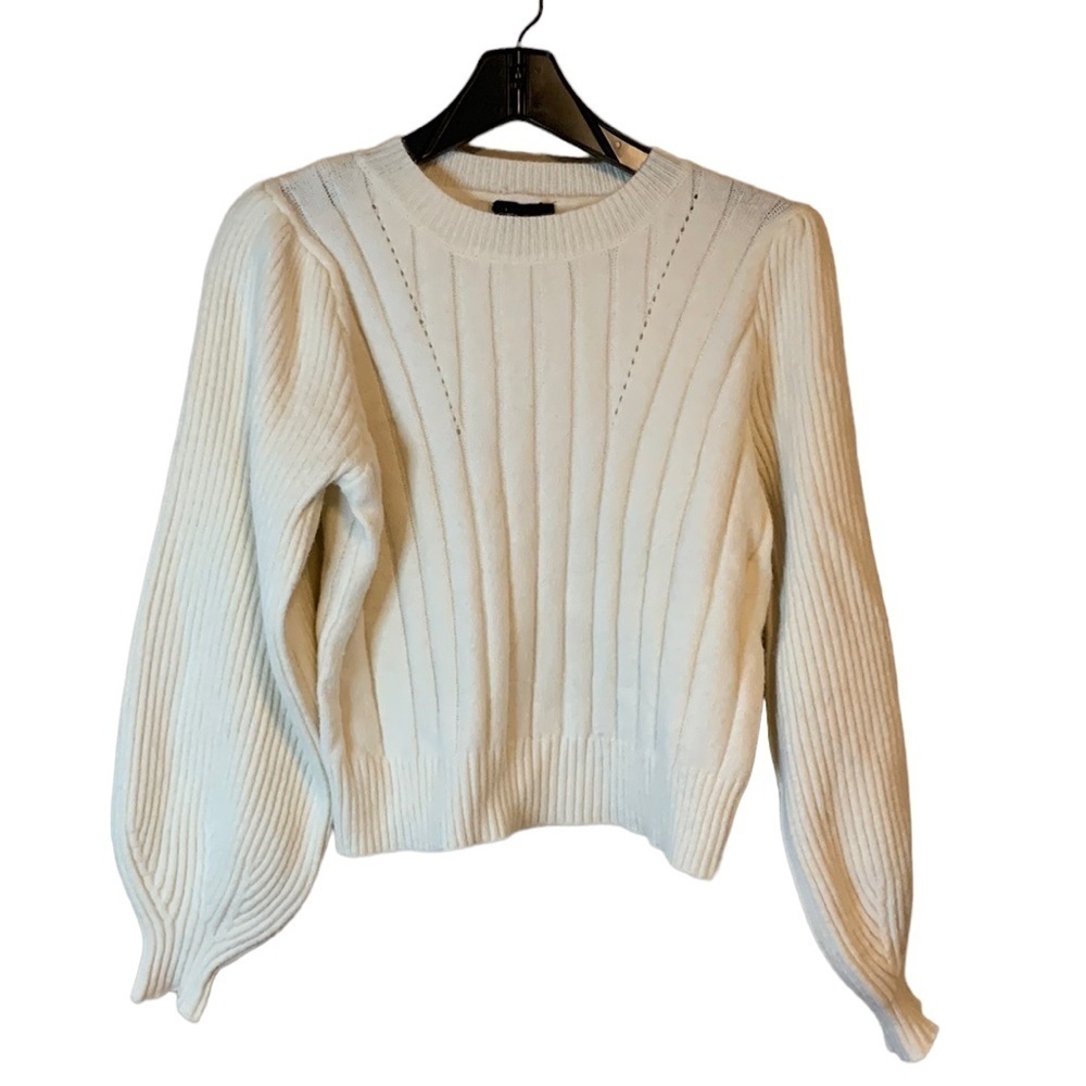 Knit Co-Op Womens Cream Crew Neck Balloon Sleeve Rib Knit Sweater Sz Large NWOT
